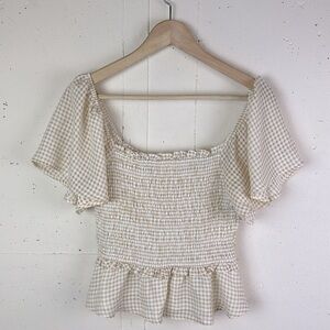 Astr Cream and Tan Gingham Smocked Top